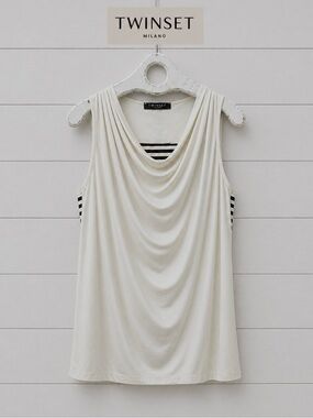 TWIN-SET SIMONA BARBIERI – Ivory & Black Striped Drape-Front Top – Size L